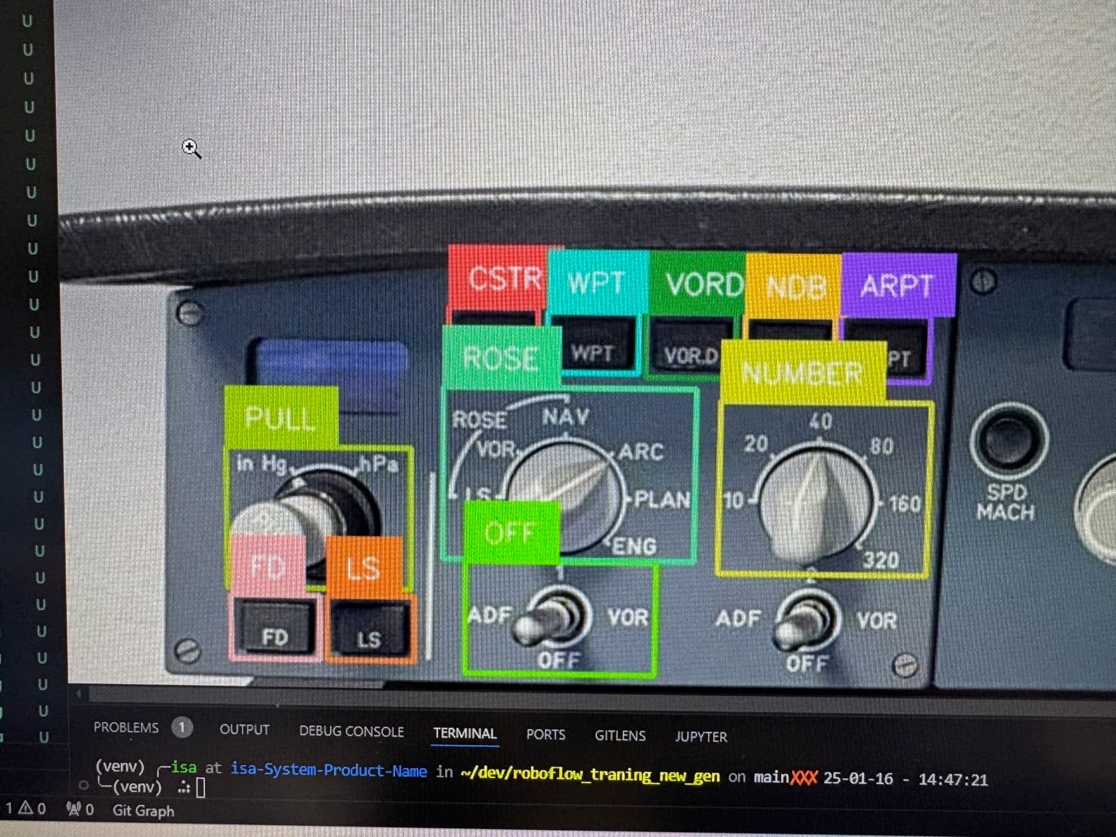 Annotation d'un panneau de cockpit d'avion pour entraîner un modèle de détection d'objets.